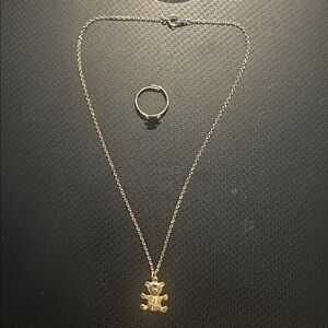 Teddy Bear Initial M Gold Tone Necklace with Adjustable Teddy Bear Ring